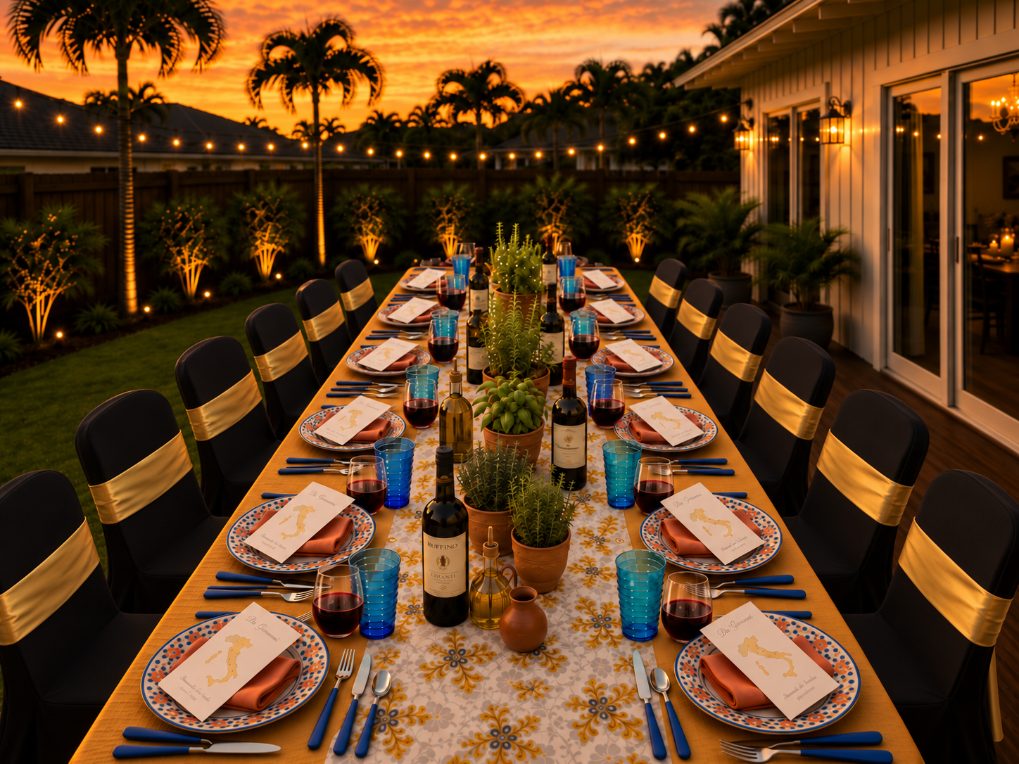 Elegant formal dinner table with gold linen